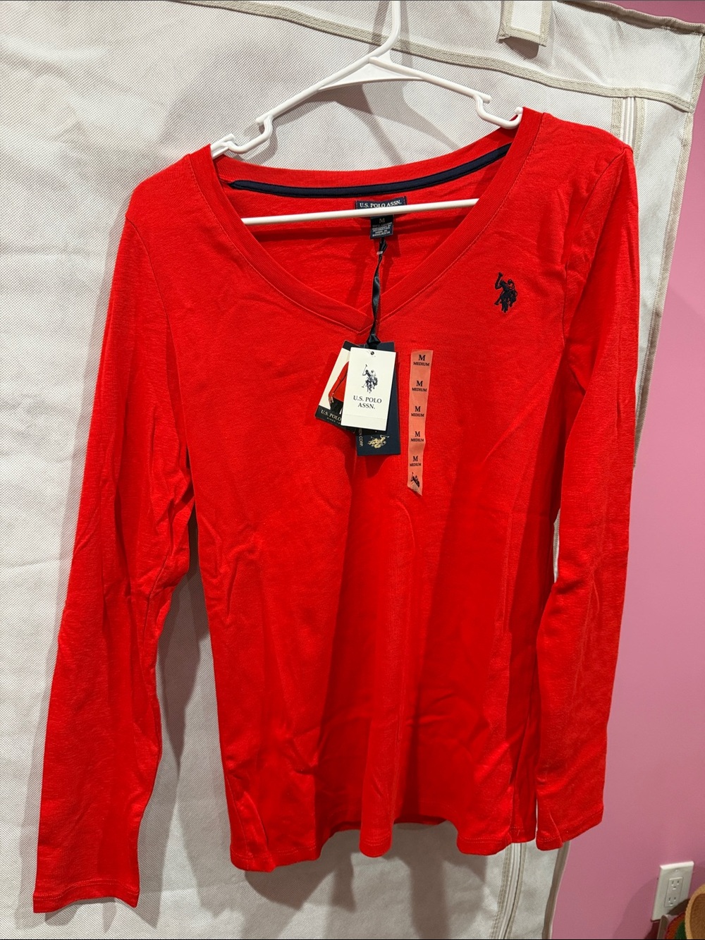 Women U.S. Polo Assn. Red Long Sleeve V-Neck Tee